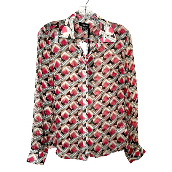 NWT BEBE Women's Silk Blouse Geometric Luxurious Button Down Long Sleeve, XS sz - Picture 4 of 17
